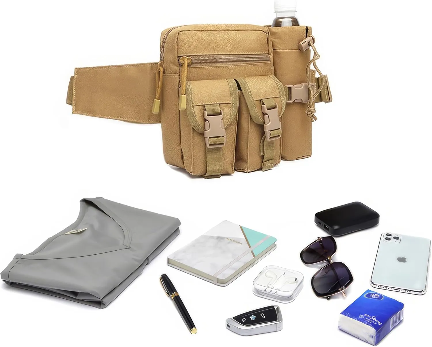Tactical Waist Pack with Water Bottle Holder Versatile and Waterproof Military Fanny Pack Utility Belt for Outdoor Hiking Camping Fishing (Khaki)