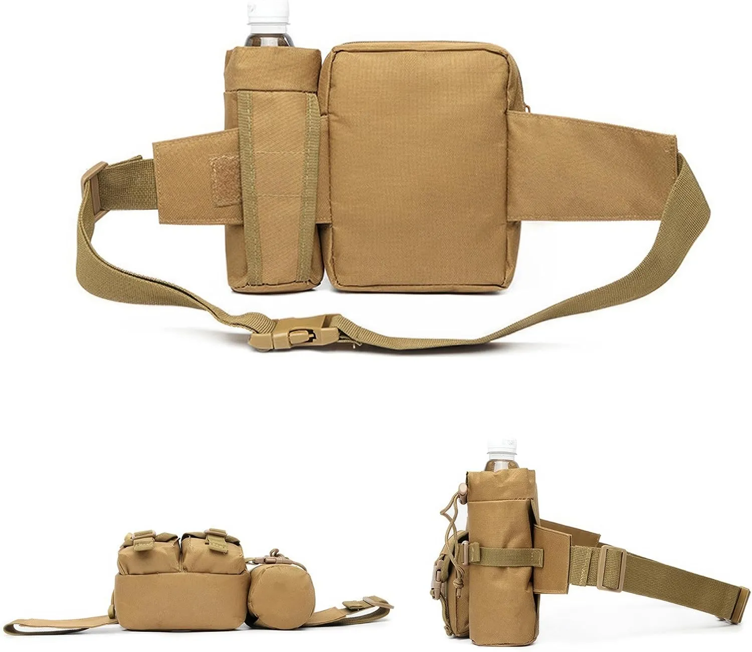 Tactical Waist Pack with Water Bottle Holder Versatile and Waterproof Military Fanny Pack Utility Belt for Outdoor Hiking Camping Fishing (Khaki)