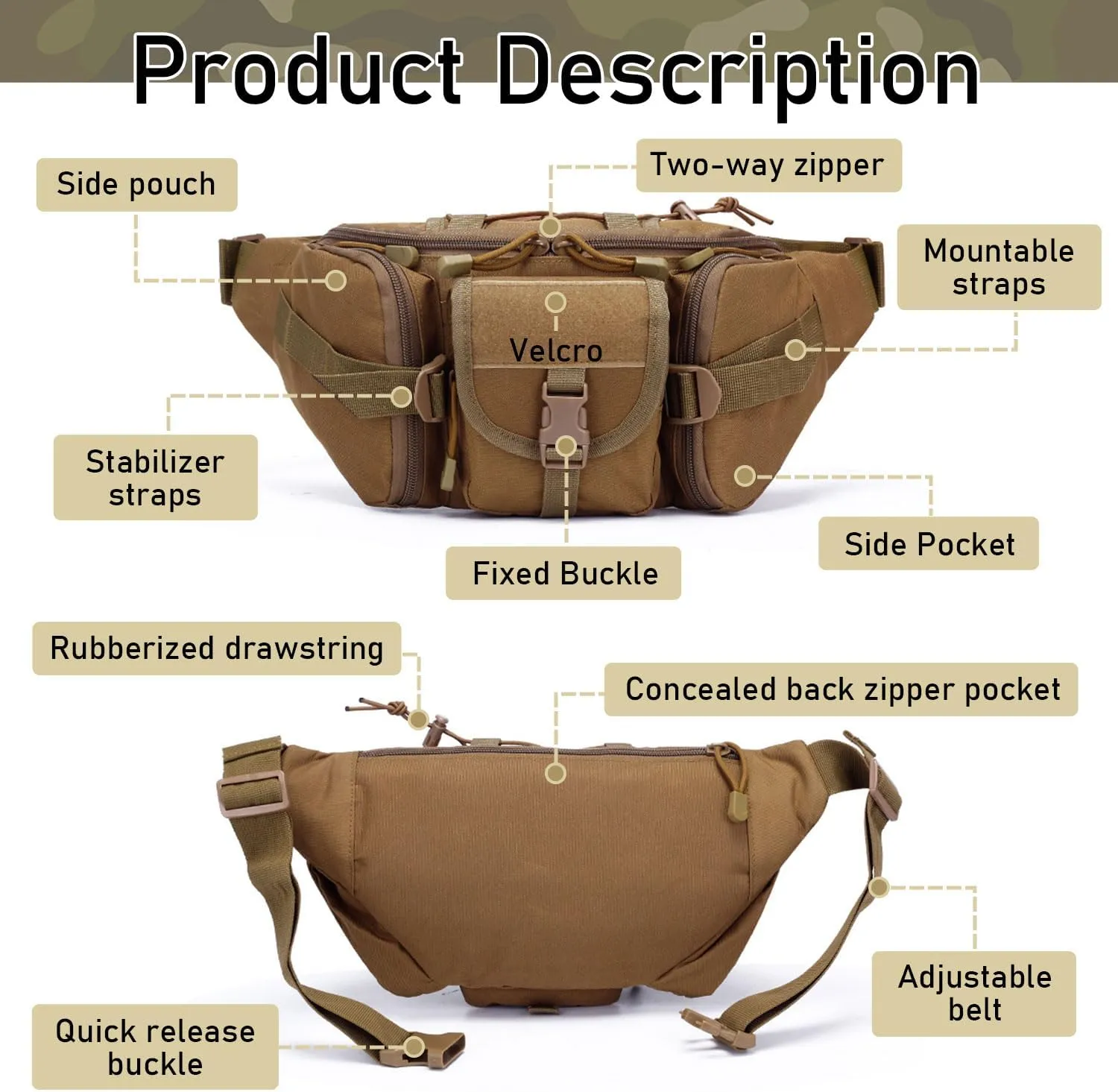 Taeku Tactical Fanny Pack, Military Waist Bag Utility Hip Pack with Adjustable Strap for Outdoors Fishing Cycling Camping Dog Walking (Khaki)