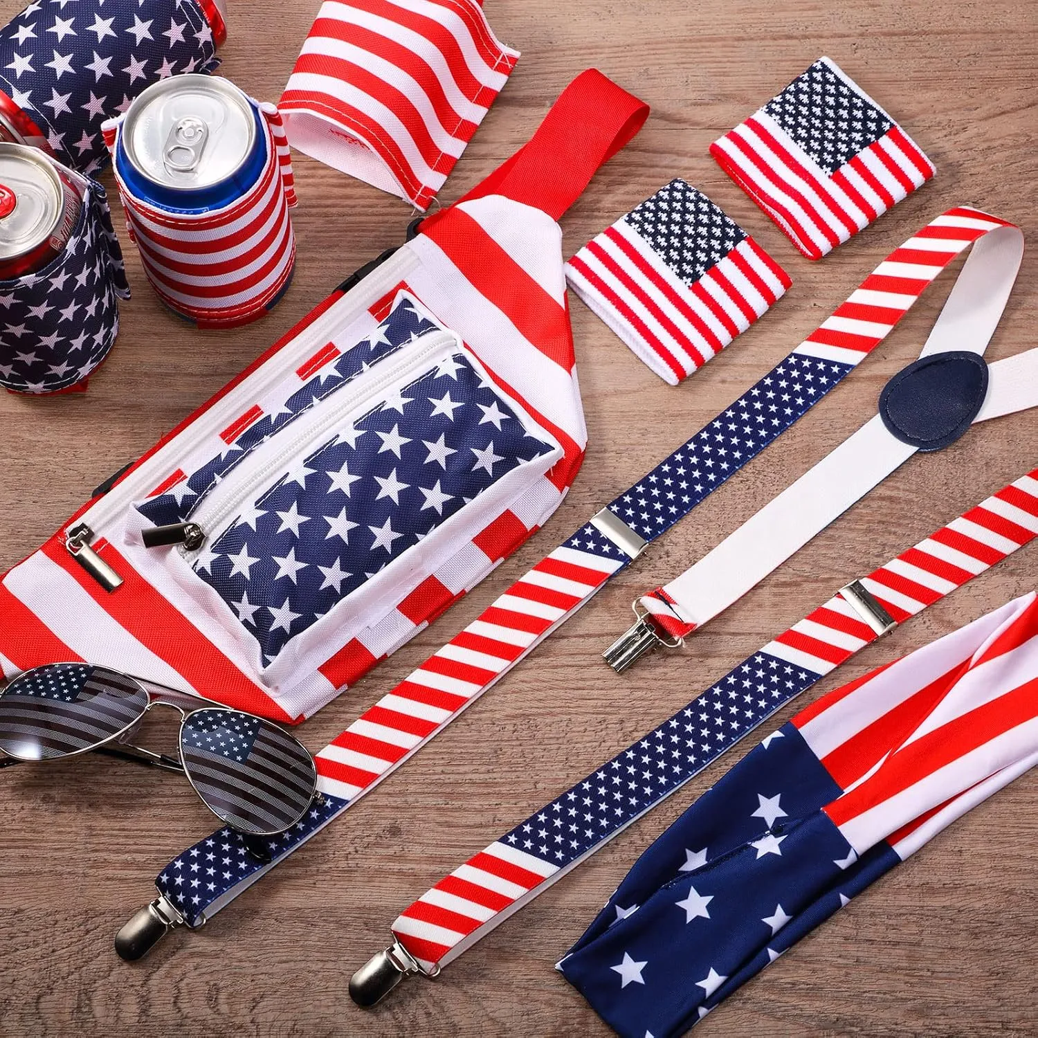 Tallew 9 Pcs Patriotic Fanny Pack Beverage Beer Belt Set USA Belt Bag Suspenders Drink Holder Flag Headband Wristband(Classic Style)