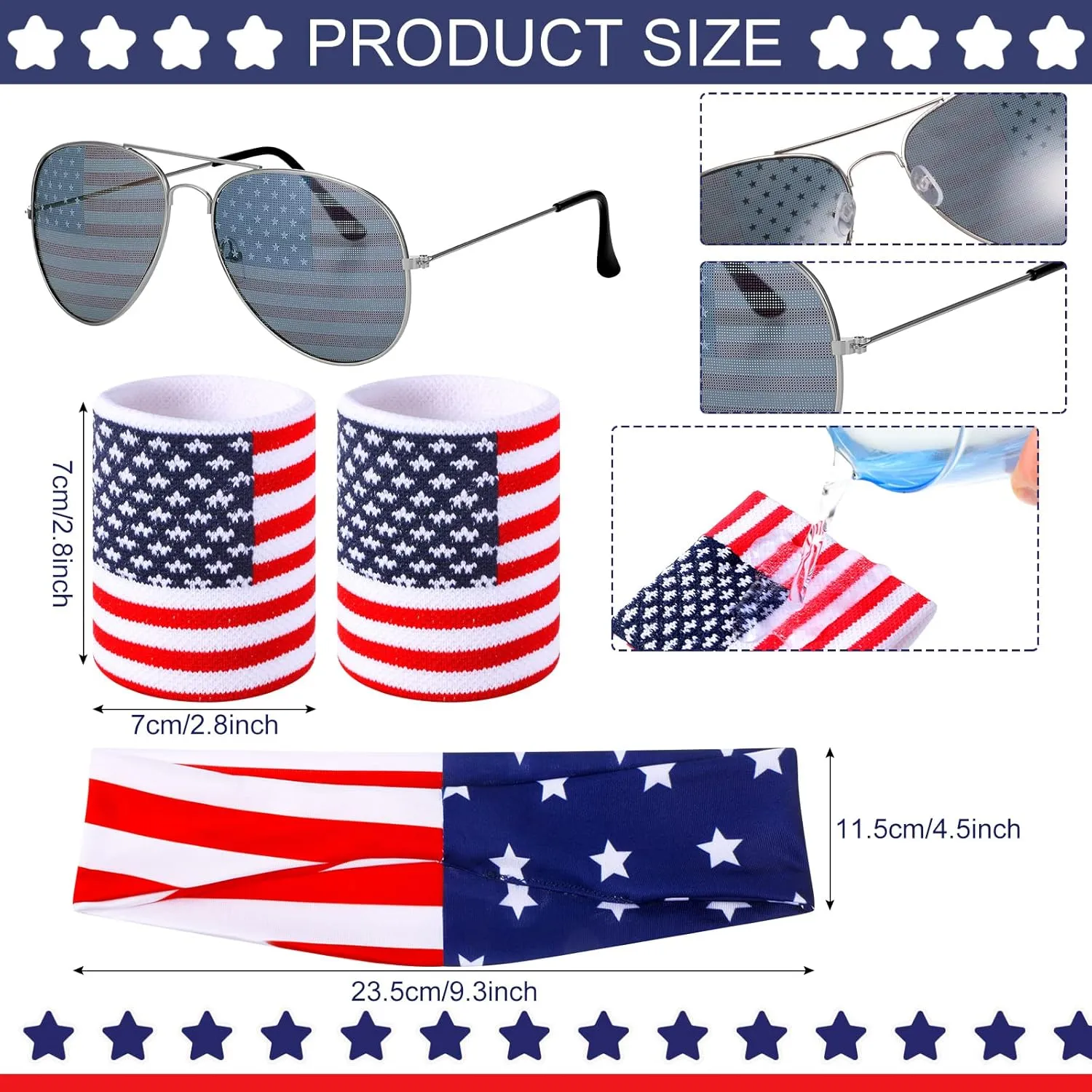 Tallew 9 Pcs Patriotic Fanny Pack Beverage Beer Belt Set USA Belt Bag Suspenders Drink Holder Flag Headband Wristband(Classic Style)