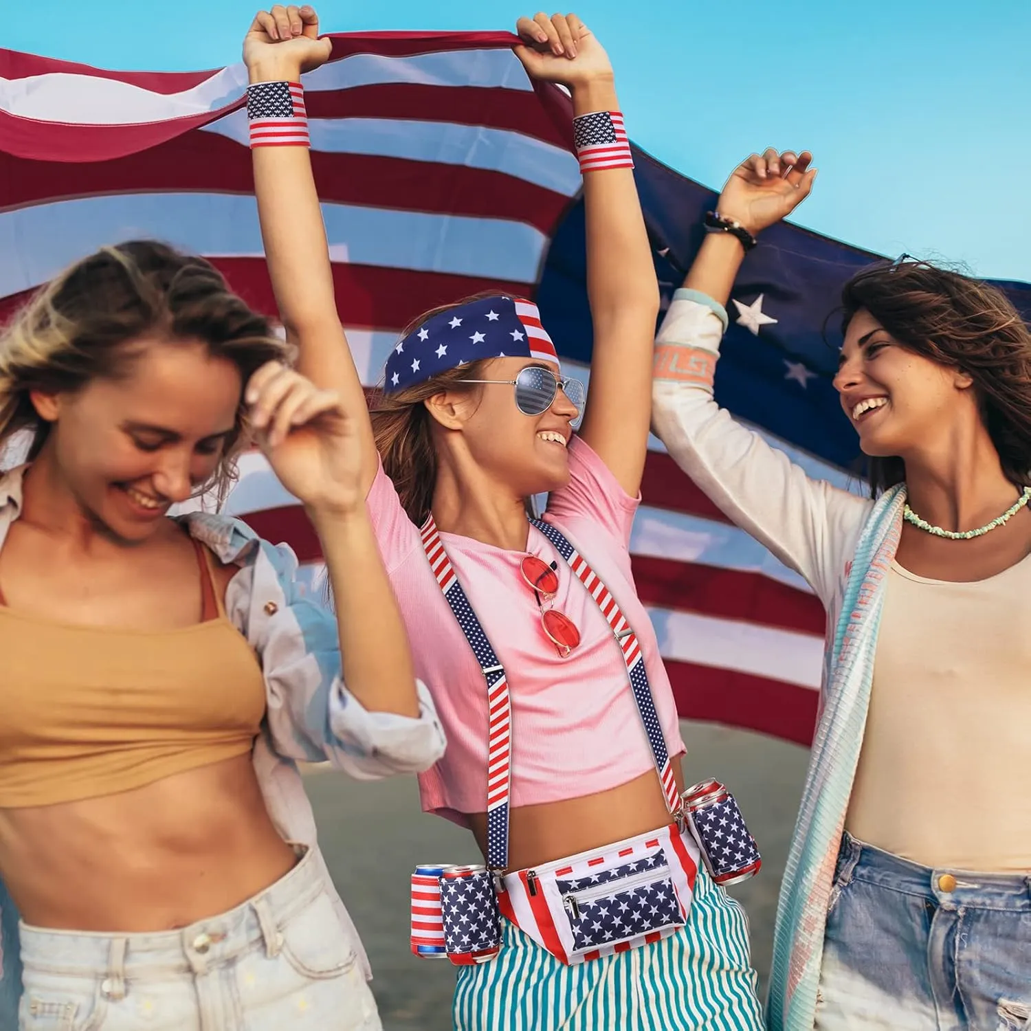 Tallew 9 Pcs Patriotic Fanny Pack Beverage Beer Belt Set USA Belt Bag Suspenders Drink Holder Flag Headband Wristband(Classic Style)