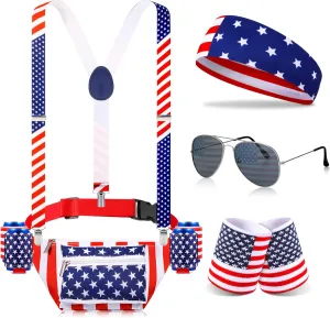 Tallew 9 Pcs Patriotic Fanny Pack Beverage Beer Belt Set USA Belt Bag Suspenders Drink Holder Flag Headband Wristband(Classic Style)