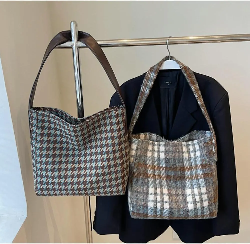 Tartan Plaid Purse Tote Bag for Women Slouchy Hobo Shoulder Bags Crossbody Purse Top-handle Tote Handbag