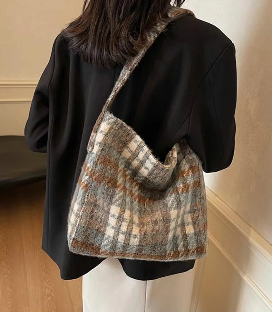 Tartan Plaid Purse Tote Bag for Women Slouchy Hobo Shoulder Bags Crossbody Purse Top-handle Tote Handbag