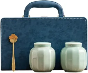 Tea Canister Loose Tea Storage Container Jar Ceramic Sealed Jar Empty Jar with Tea Spoon Tea Set Double Jar Gift Box Set Handbag Tea Tin(A)