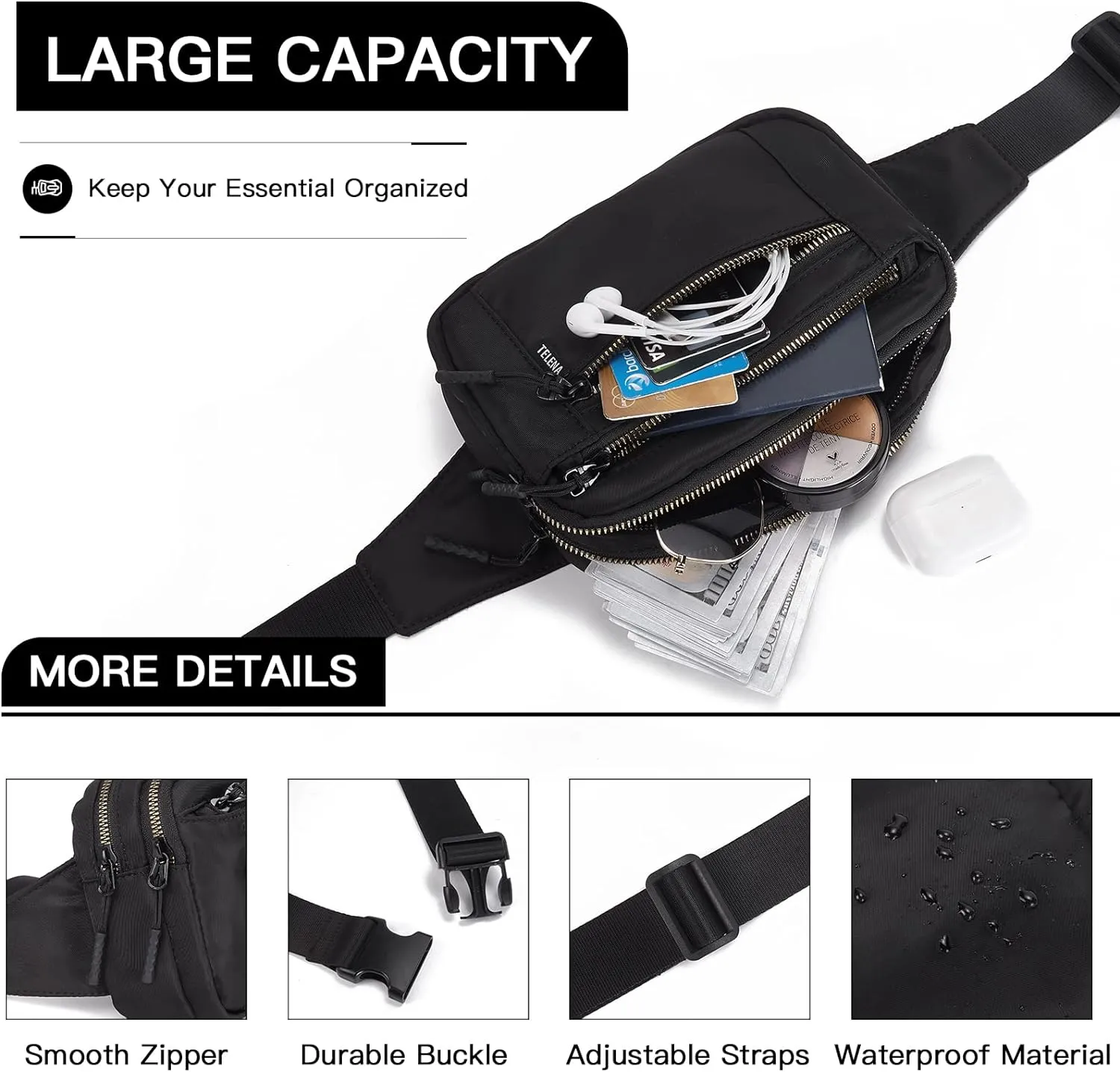 Telena Belt Bag for Women Fanny Pack Cross Body Bag Fashion Waist Pack with Adjustable Strap Black