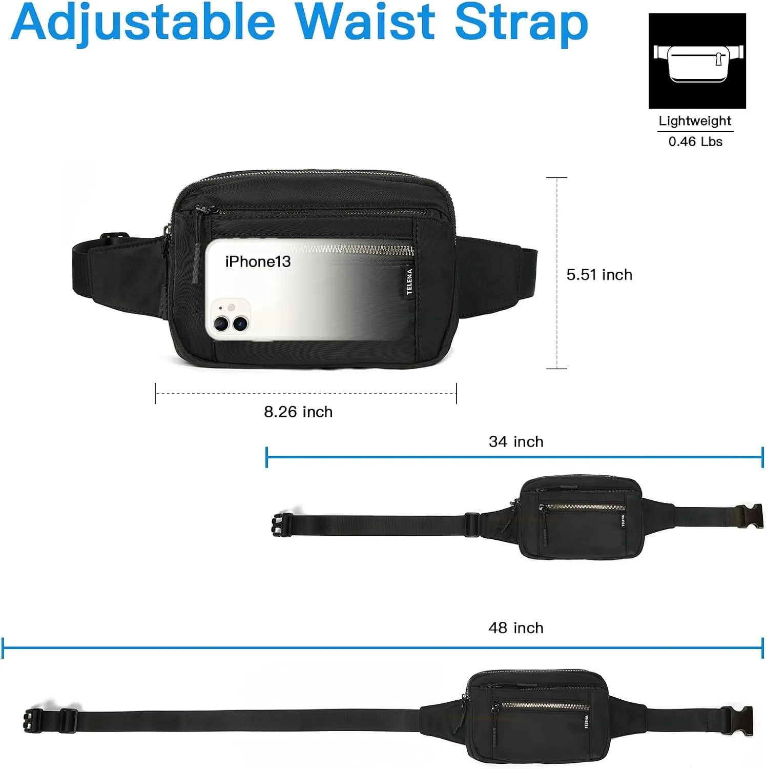 Telena Belt Bag for Women Fanny Pack Cross Body Bag Fashion Waist Pack with Adjustable Strap Black