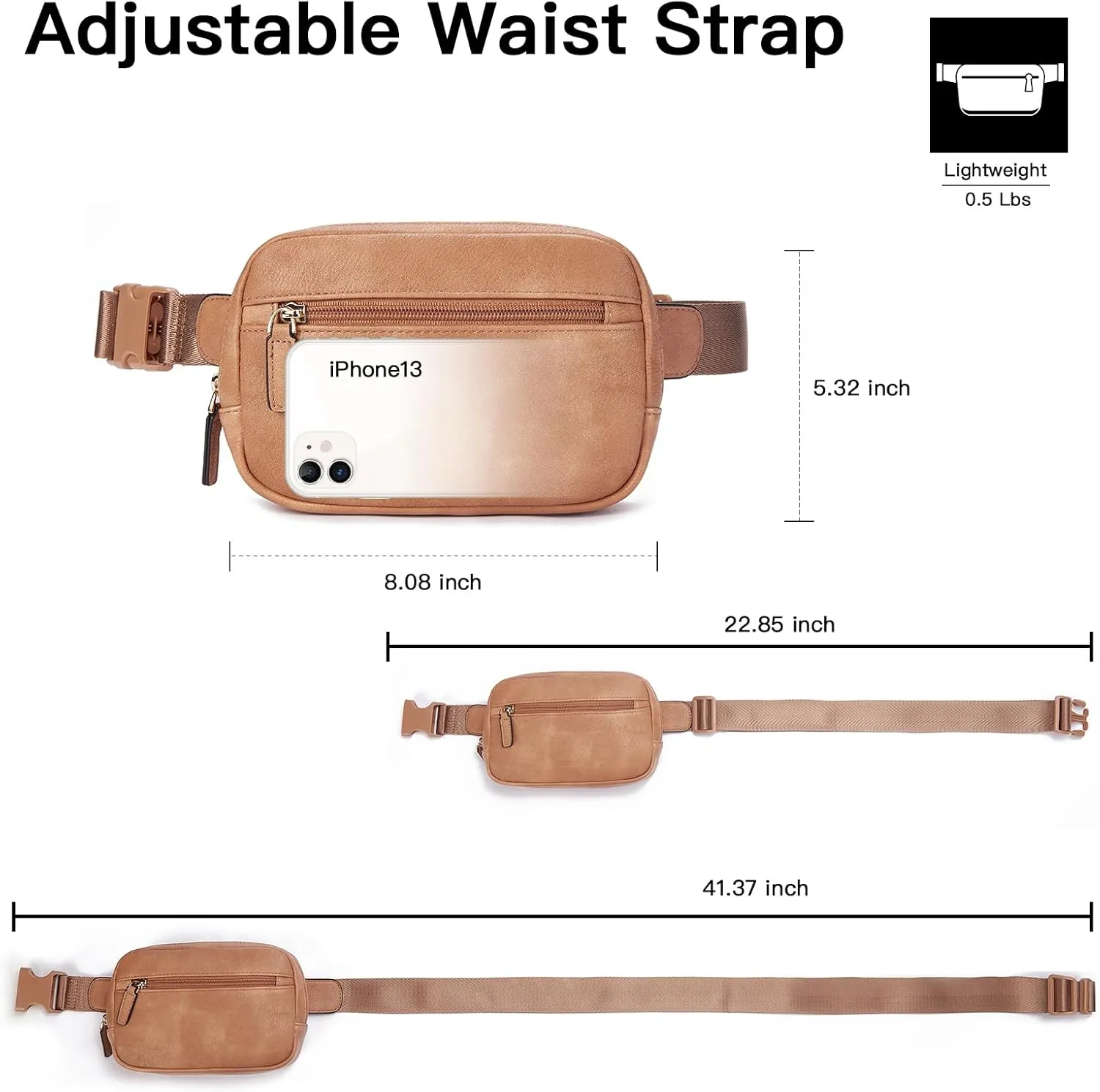 Telena Belt Bag for Women PU Leather Fanny Pack Crossbody Waist Bags with Adjustable Strap Camel Brown