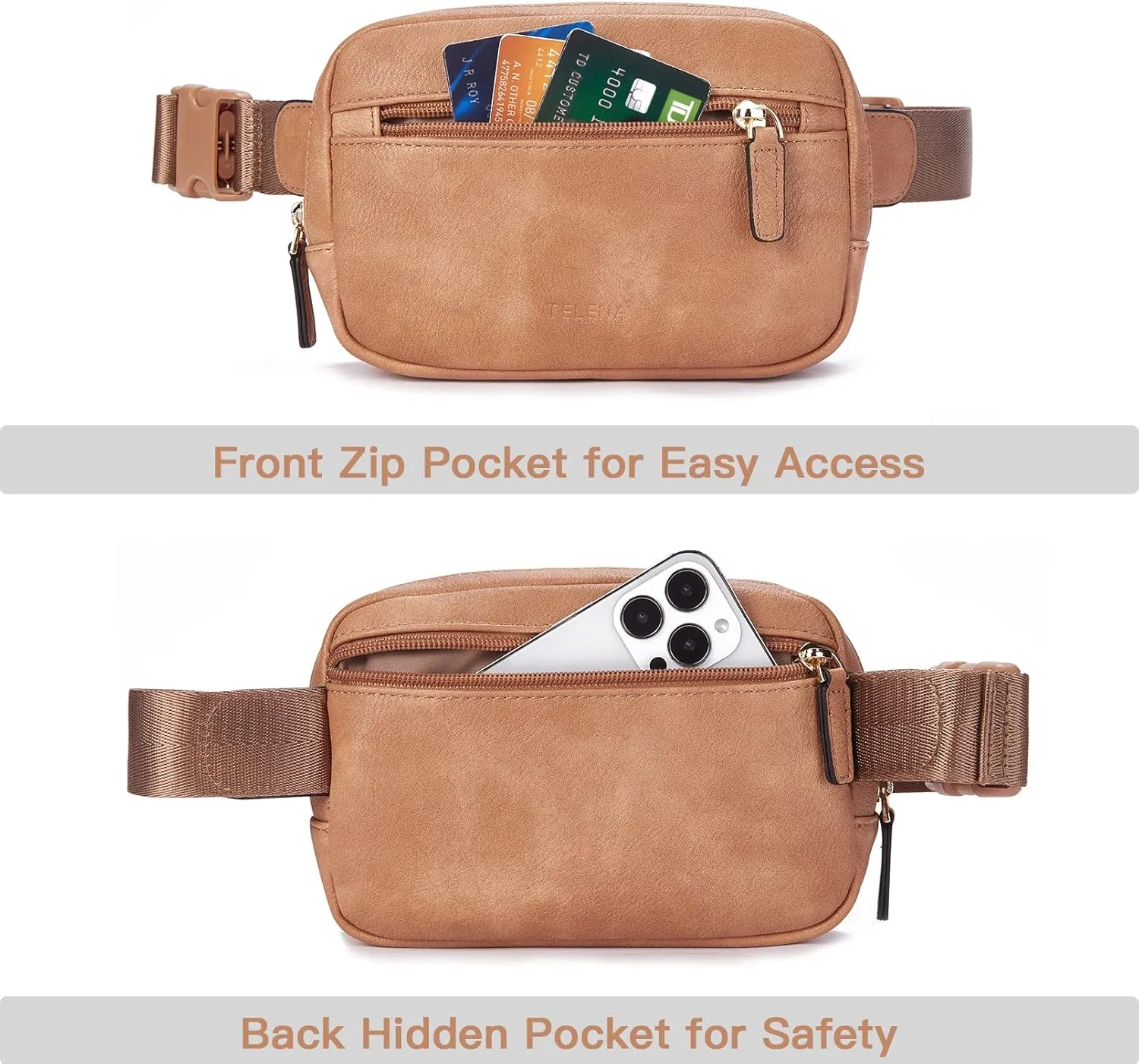 Telena Belt Bag for Women PU Leather Fanny Pack Crossbody Waist Bags with Adjustable Strap Camel Brown