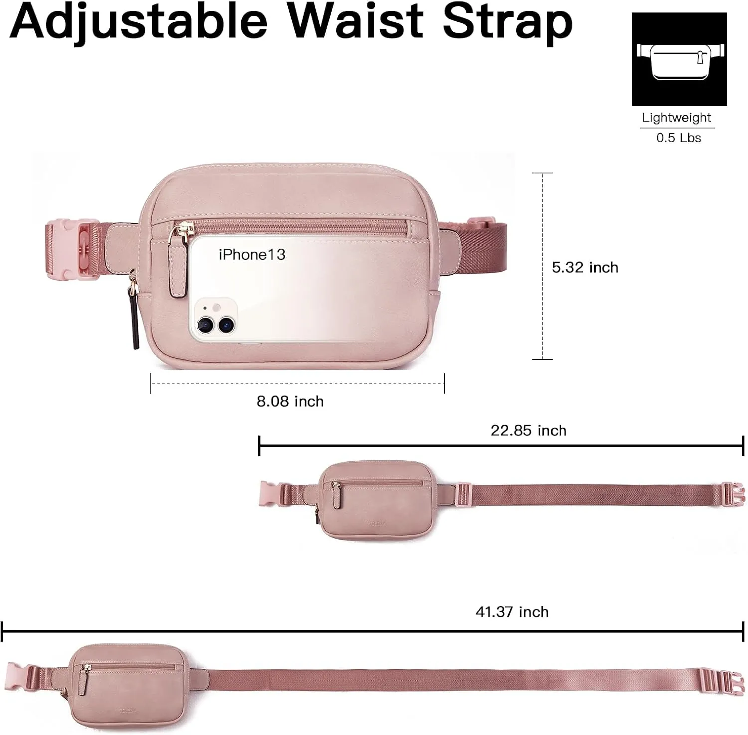 Telena Belt Bag for Women PU Leather Fanny Pack Crossbody Waist Bags with Adjustable Strap Dusty Pink