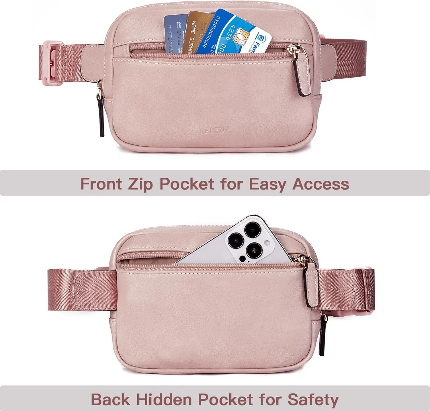 Telena Belt Bag for Women PU Leather Fanny Pack Crossbody Waist Bags with Adjustable Strap Dusty Pink