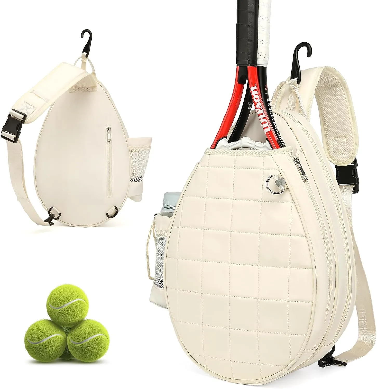 Tennis Bag, Tennis Backpack Holds 2 Rackets, Quilted Crossbody Sling Bag, Waterproof Pickleball Bags with Safety Pocket for Women and Men
