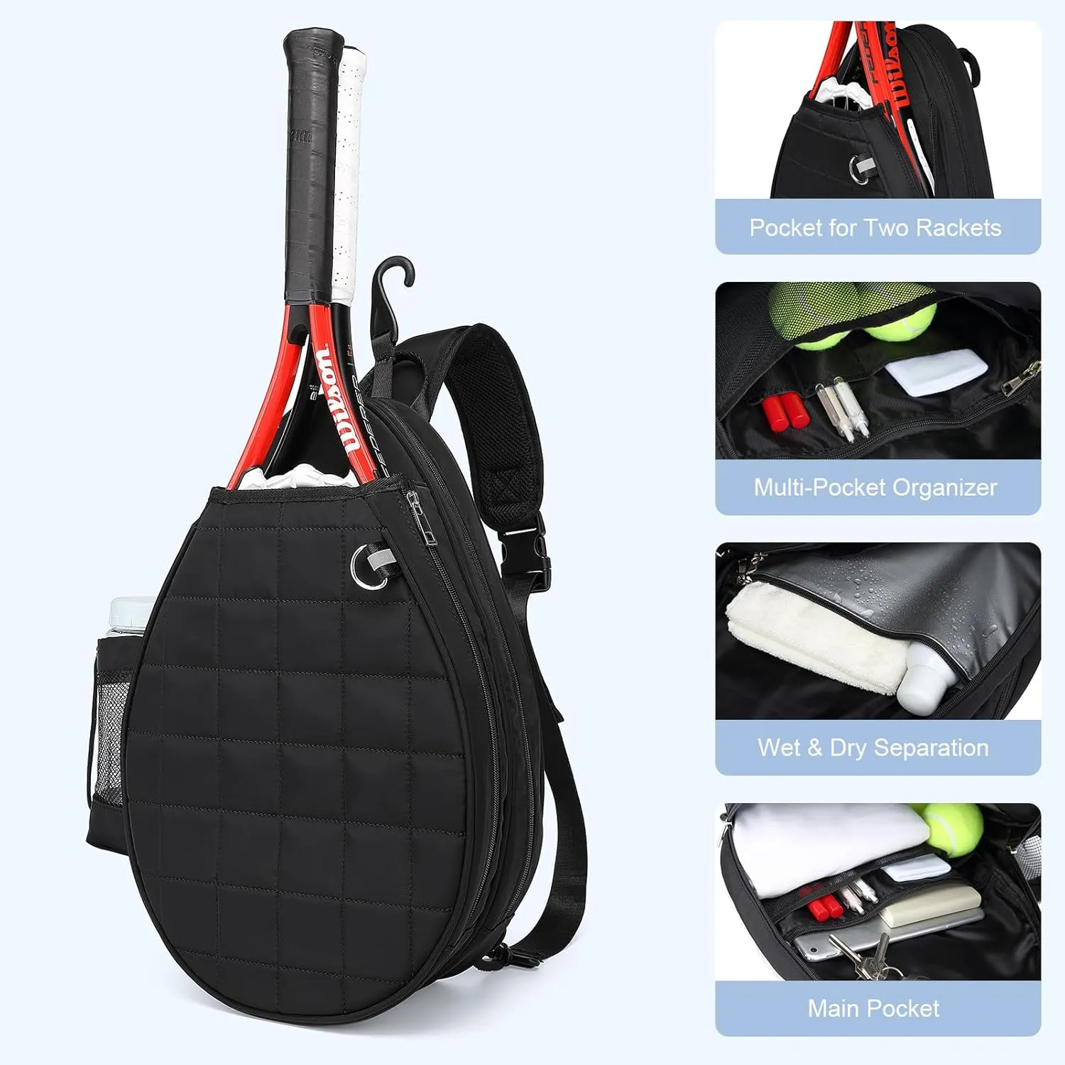 Tennis Bag, Tennis Backpack Holds 2 Rackets, Quilted Crossbody Sling Bag, Waterproof Pickleball Bags with Safety Pocket for Women and Men
