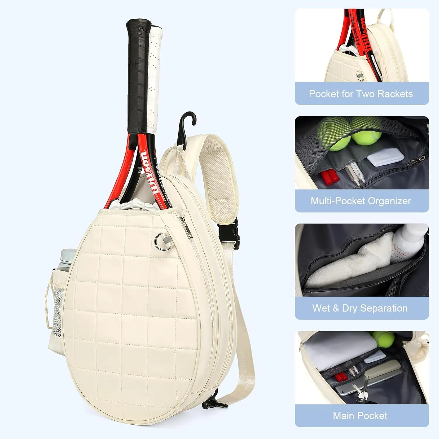 Tennis Bag, Tennis Backpack Holds 2 Rackets, Quilted Crossbody Sling Bag, Waterproof Pickleball Bags with Safety Pocket for Women and Men
