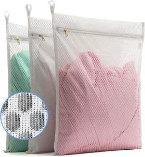 TENRAI 3 Pack (3 Large) Delicates Honeycomb Mesh Laundry Bags, Socks Fine Mesh Wash Bag for Underwear, Lingerie, Bra, Boxer, Use YKK Zipper, Have Hanger Loops (White)