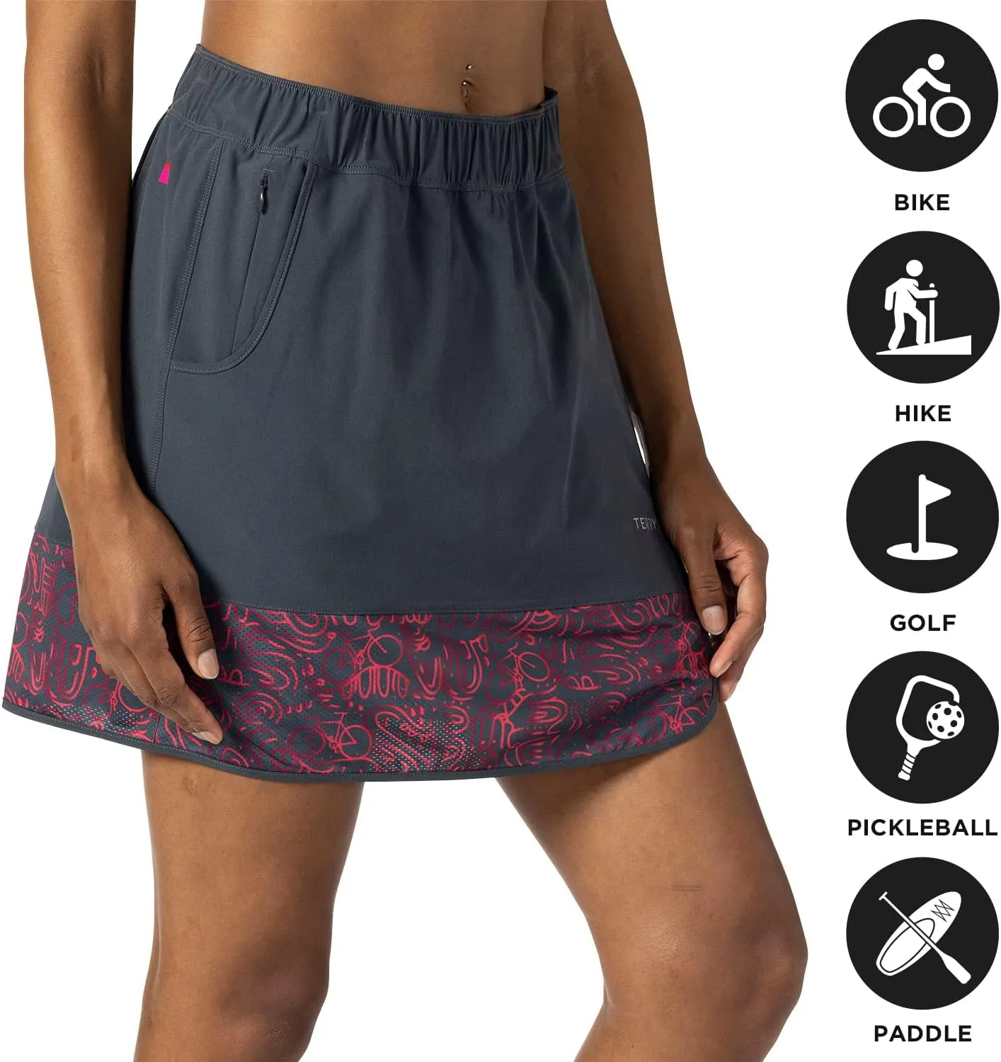 Terry Rover Womens Bike Skort, Elastic Waist Wrap Skirt with Pockets & Unattached Padded Cycling Liner Short