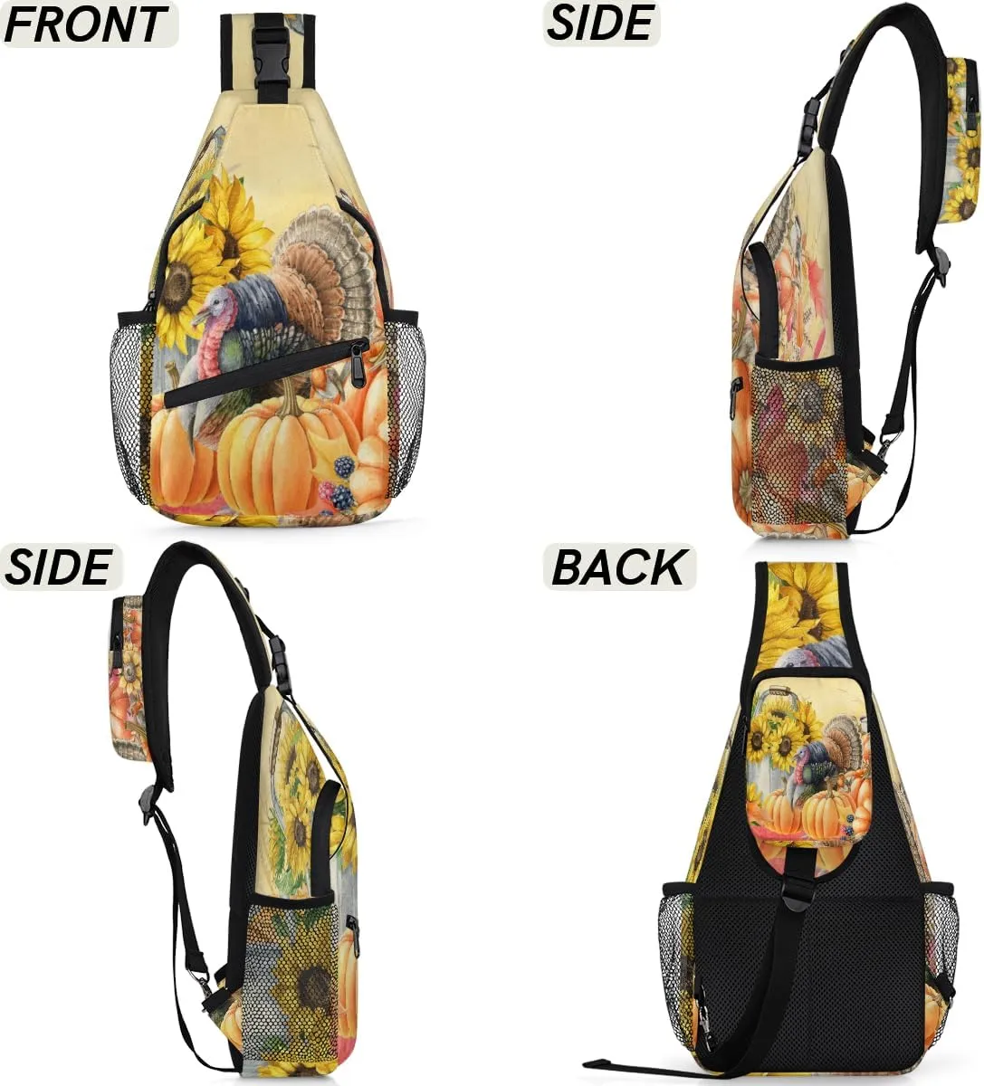 Thanksgiving Sunflower Crossbody Sling Backpack Sling Bag Fall Pumpkin Maple Small Chest Bag for Women Men Outdoor Shoulder Bag Travel Hiking Daypack for Sports Running Cycling Walking