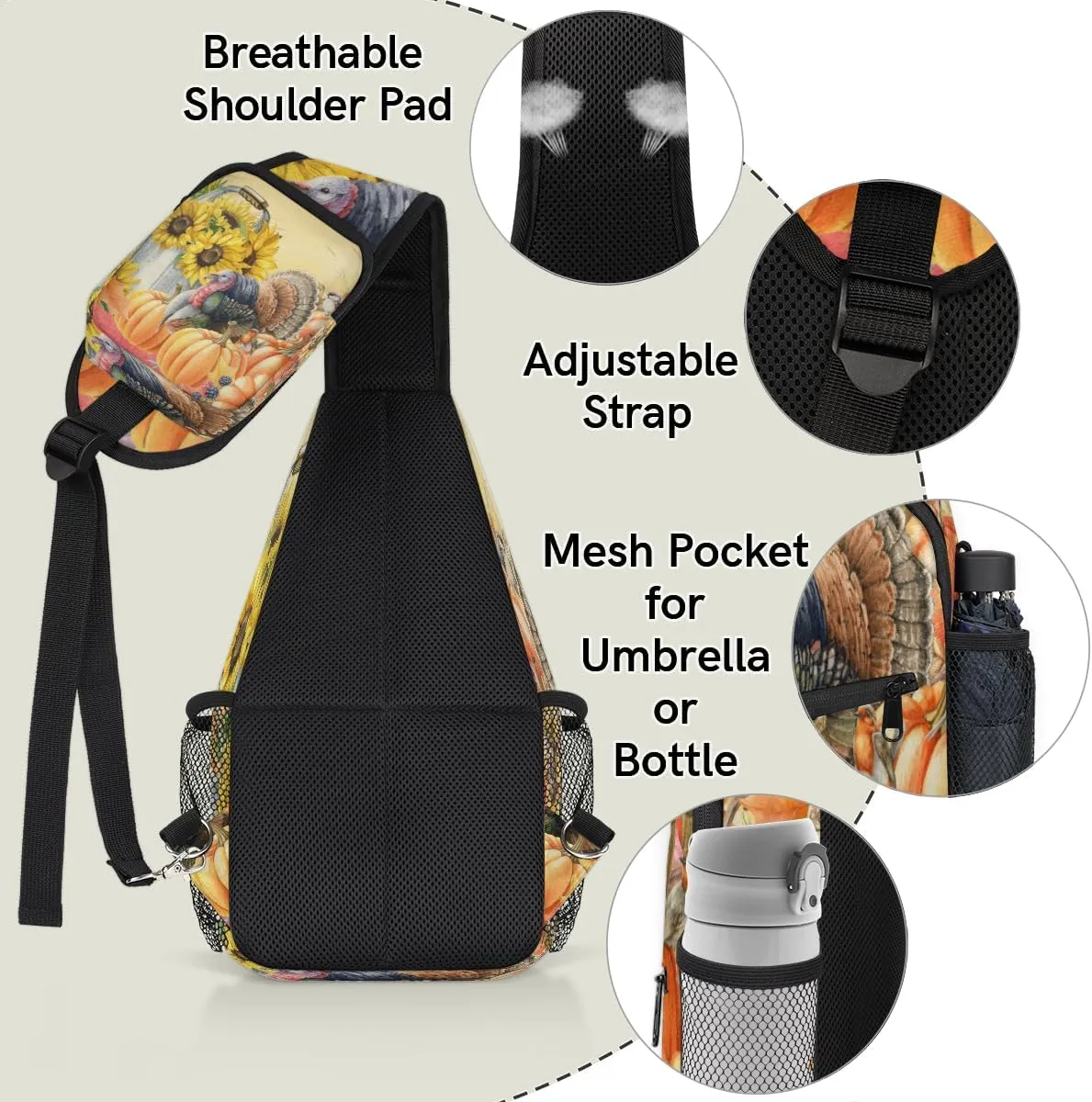 Thanksgiving Sunflower Crossbody Sling Backpack Sling Bag Fall Pumpkin Maple Small Chest Bag for Women Men Outdoor Shoulder Bag Travel Hiking Daypack for Sports Running Cycling Walking