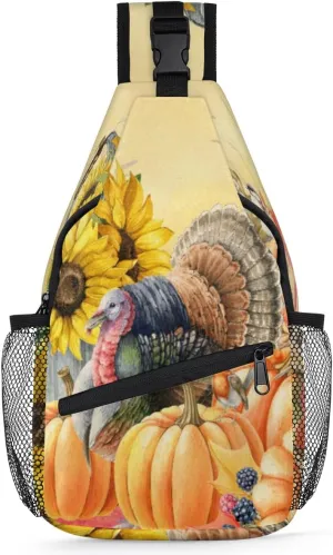 Thanksgiving Sunflower Crossbody Sling Backpack Sling Bag Fall Pumpkin Maple Small Chest Bag for Women Men Outdoor Shoulder Bag Travel Hiking Daypack for Sports Running Cycling Walking