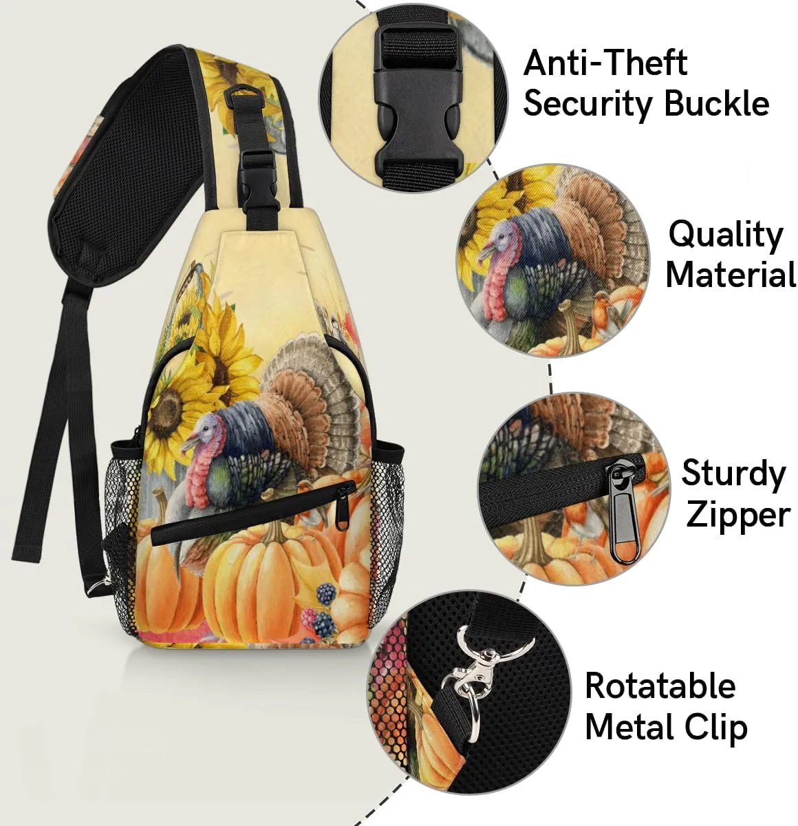 Thanksgiving Sunflower Crossbody Sling Backpack Sling Bag Fall Pumpkin Maple Small Chest Bag for Women Men Outdoor Shoulder Bag Travel Hiking Daypack for Sports Running Cycling Walking