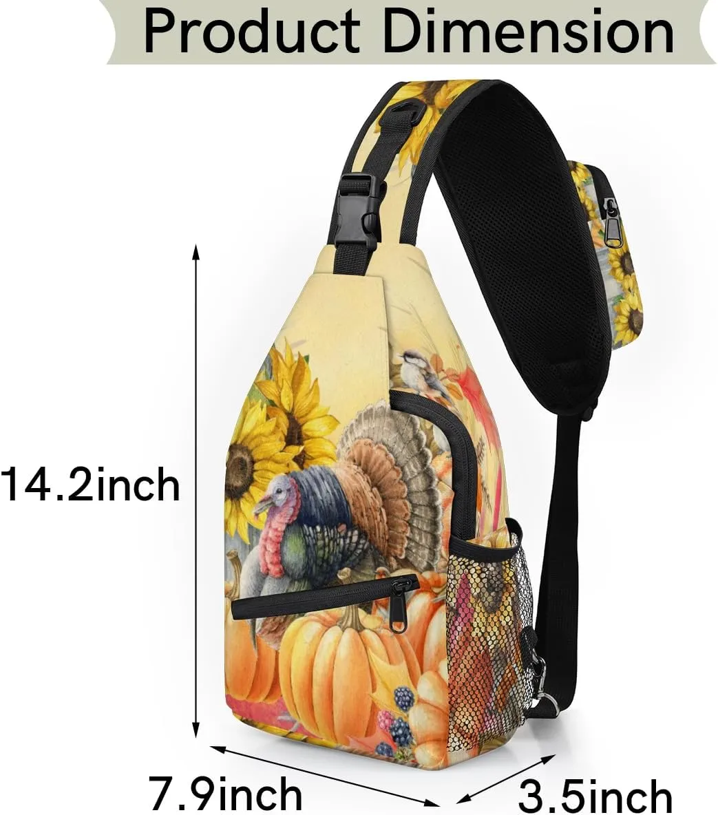 Thanksgiving Sunflower Crossbody Sling Backpack Sling Bag Fall Pumpkin Maple Small Chest Bag for Women Men Outdoor Shoulder Bag Travel Hiking Daypack for Sports Running Cycling Walking
