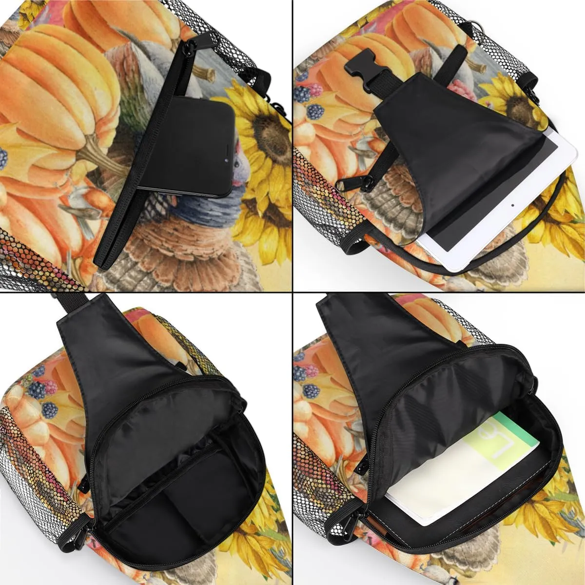 Thanksgiving Sunflower Crossbody Sling Backpack Sling Bag Fall Pumpkin Maple Small Chest Bag for Women Men Outdoor Shoulder Bag Travel Hiking Daypack for Sports Running Cycling Walking