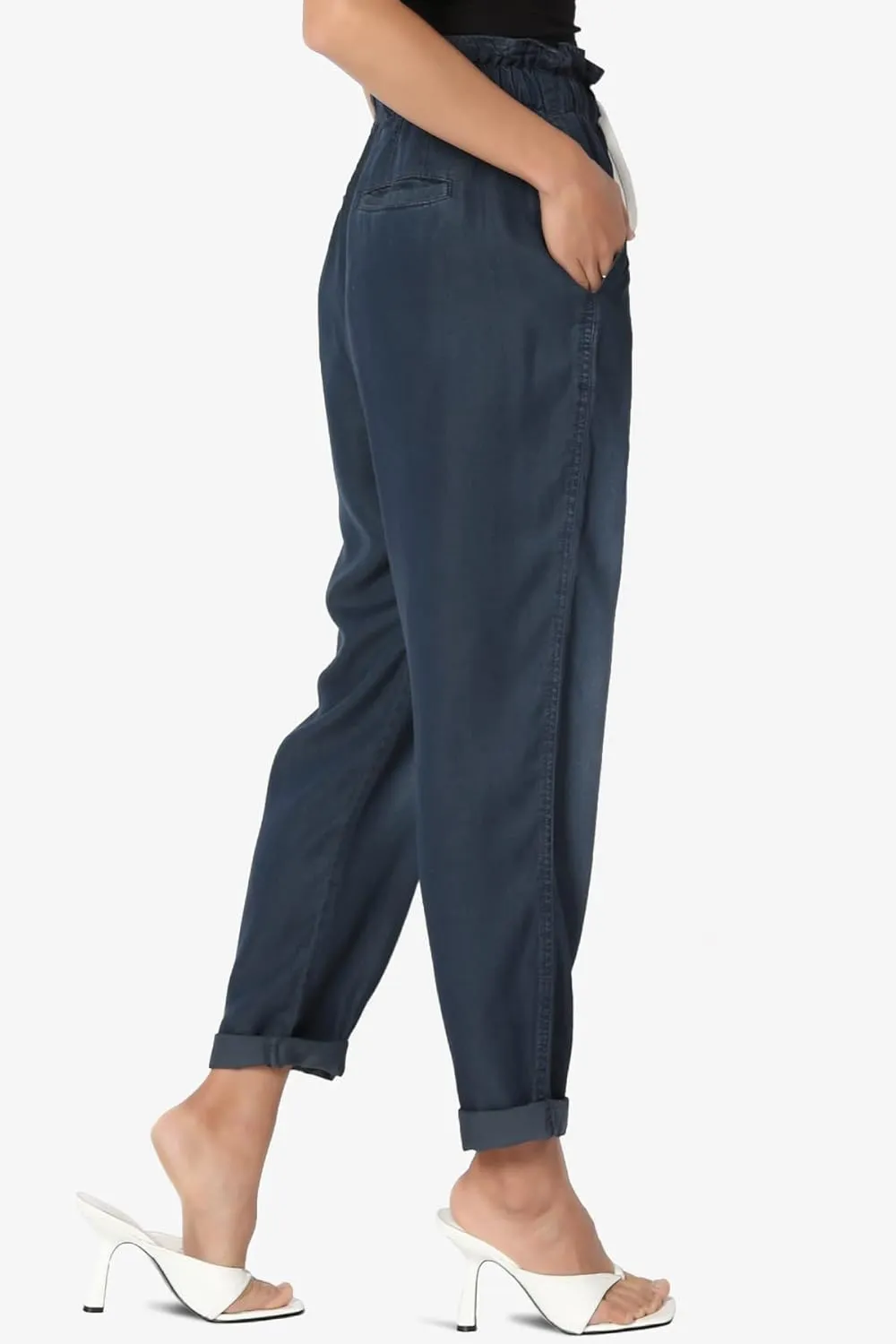 TheMogan Women's Chic Paperbag High Waist Chambray Joggers w Elastic Cuffs Tencel Pants