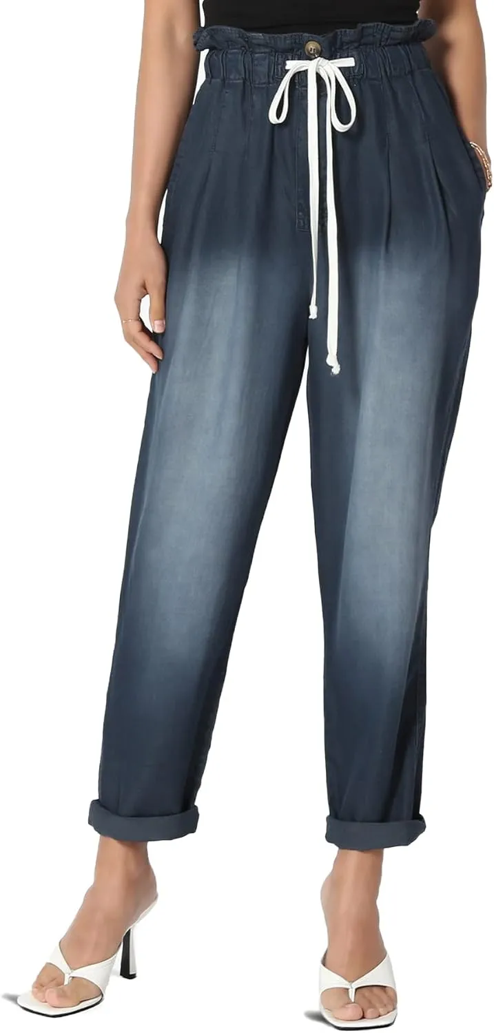TheMogan Women's Chic Paperbag High Waist Chambray Joggers w Elastic Cuffs Tencel Pants