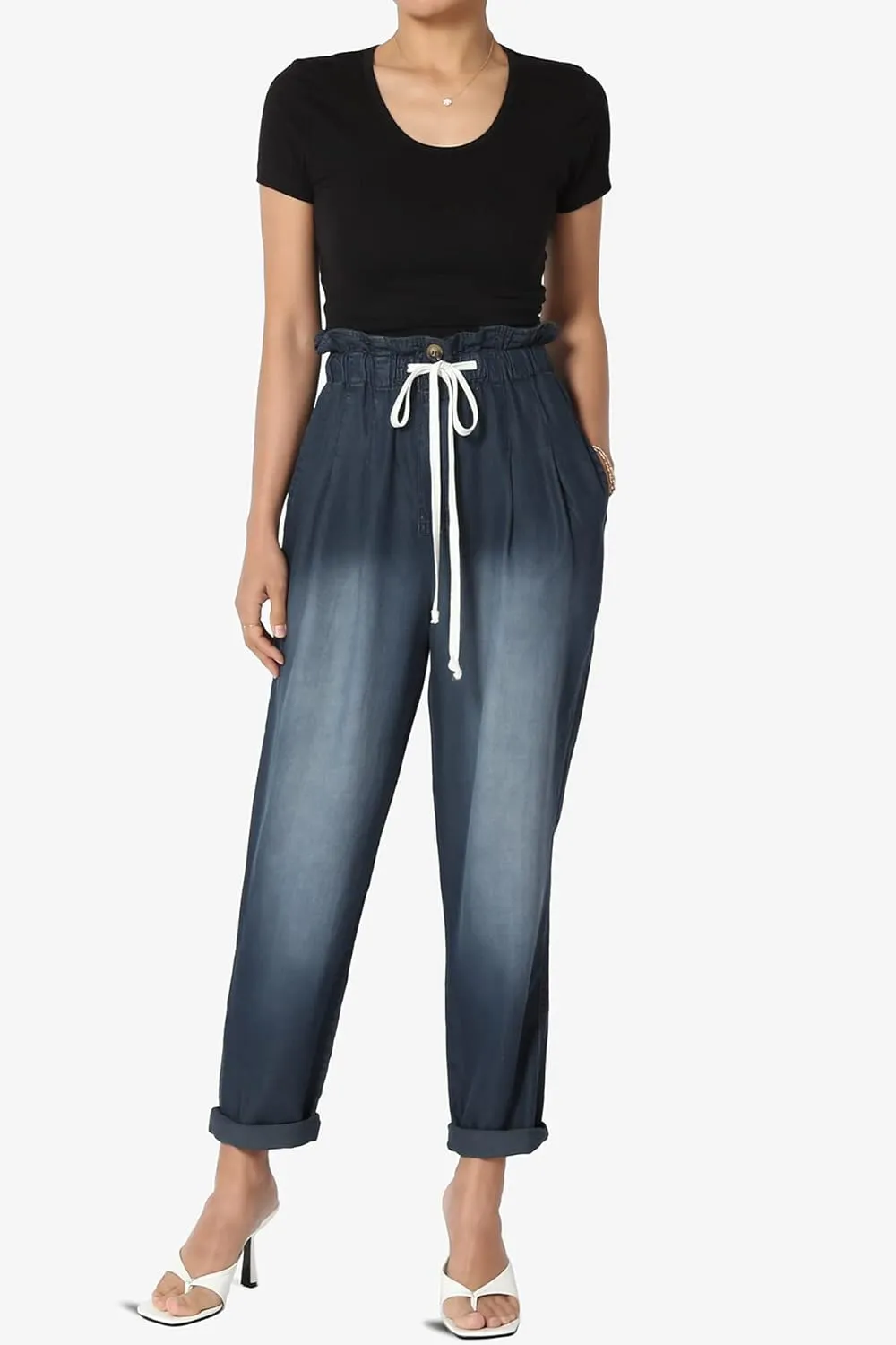 TheMogan Women's Chic Paperbag High Waist Chambray Joggers w Elastic Cuffs Tencel Pants