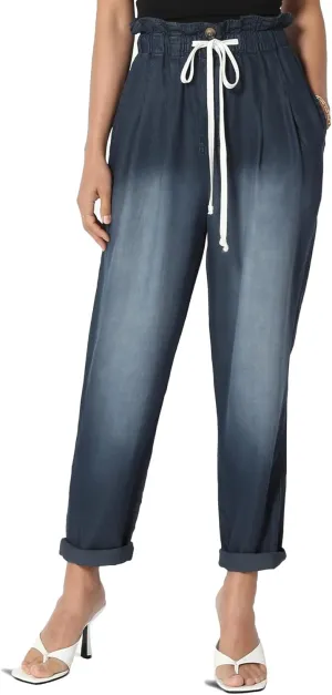 TheMogan Women's Chic Paperbag High Waist Chambray Joggers w Elastic Cuffs Tencel Pants
