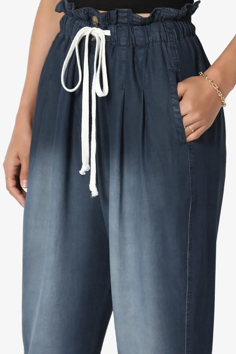 TheMogan Women's Chic Paperbag High Waist Chambray Joggers w Elastic Cuffs Tencel Pants