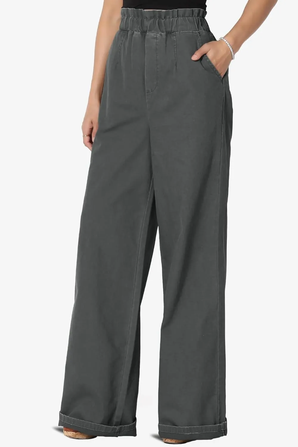 TheMogan Women's Tall S~3X Washed Canvas Twill Paperbag Elastic High Waist Wide Pants