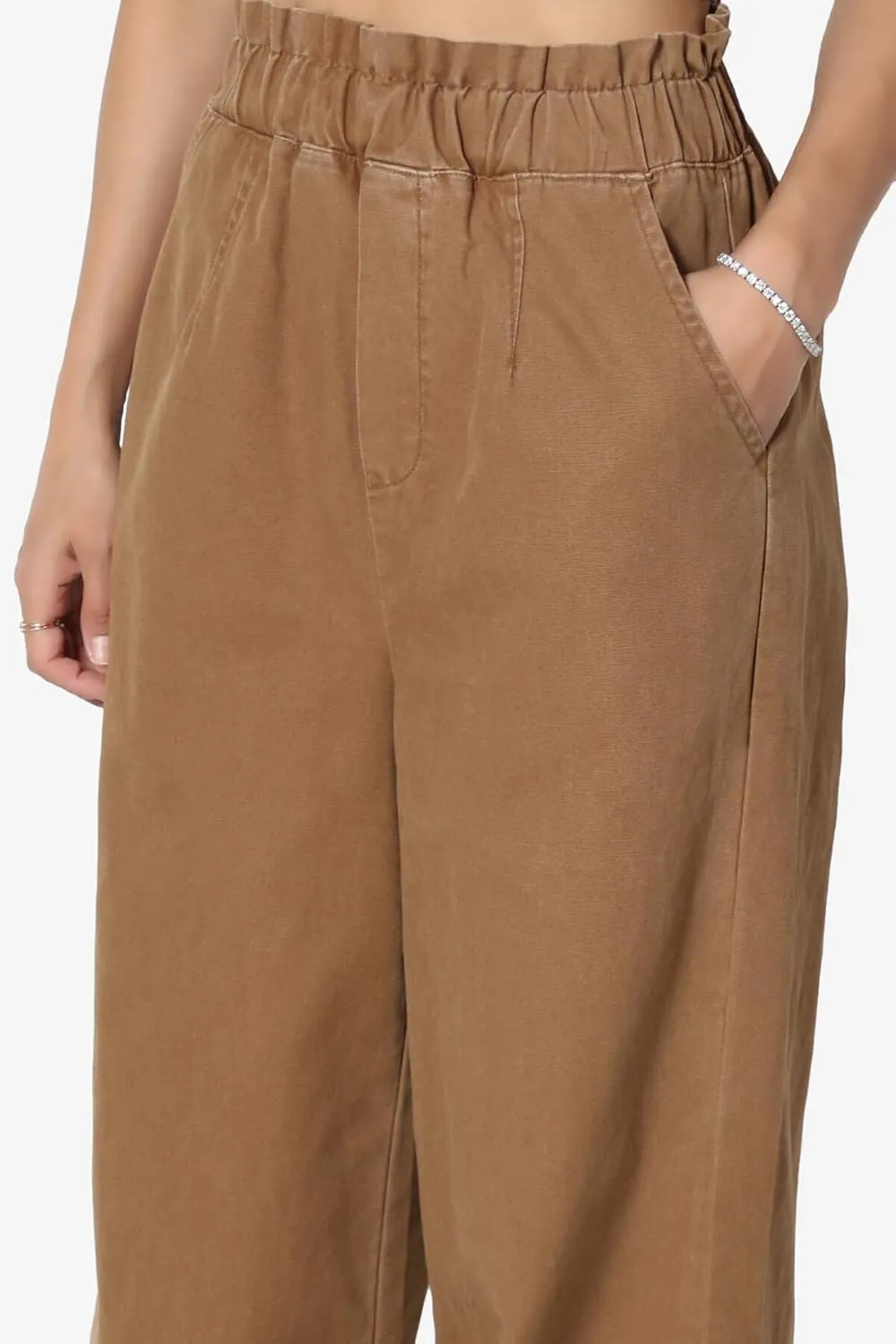 TheMogan Women's Tall S~3X Washed Canvas Twill Paperbag Elastic High Waist Wide Pants