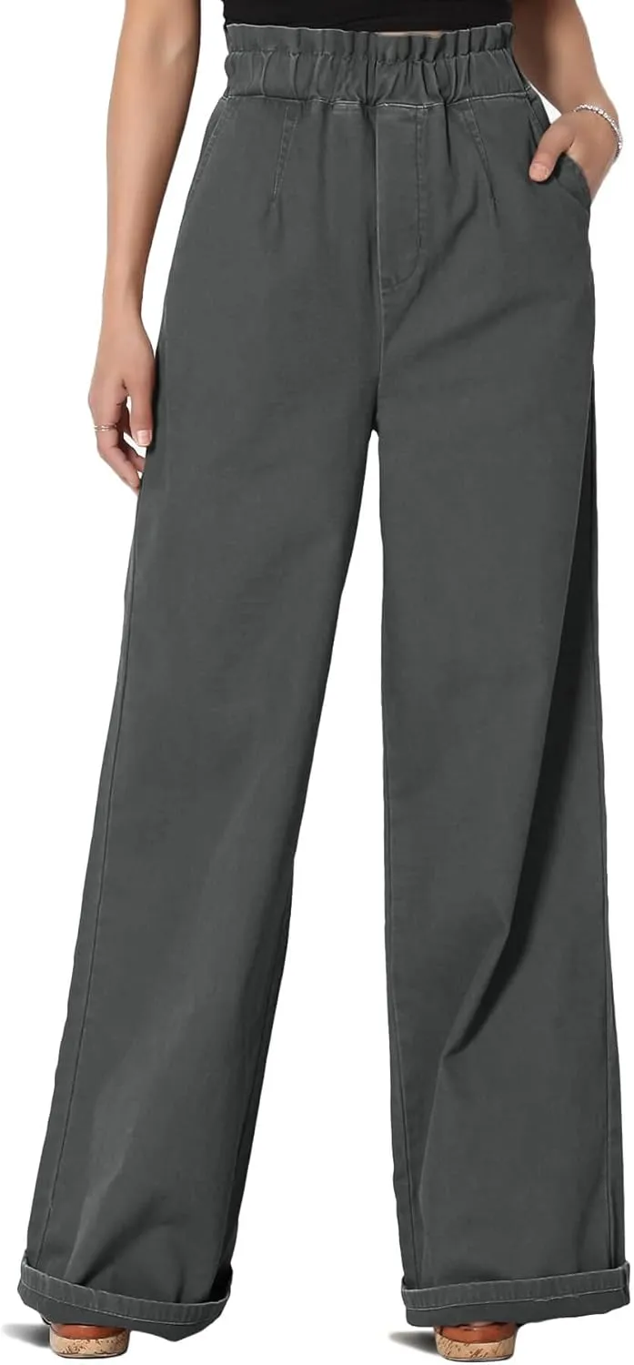 TheMogan Women's Tall S~3X Washed Canvas Twill Paperbag Elastic High Waist Wide Pants