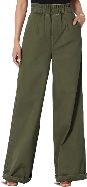 TheMogan Women's Tall S~3X Washed Canvas Twill Paperbag Elastic High Waist Wide Pants