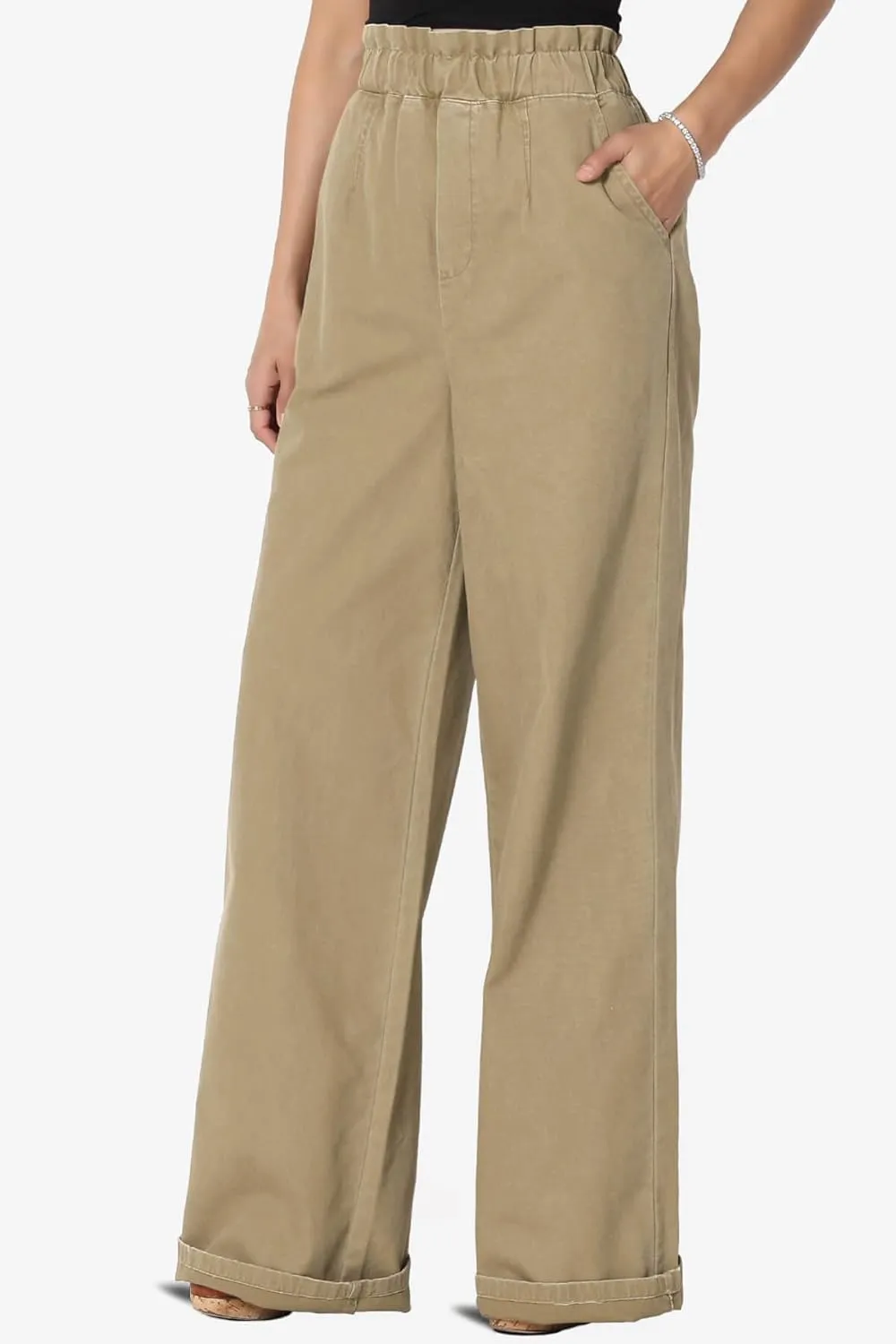 TheMogan Women's Tall S~3X Washed Canvas Twill Paperbag Elastic High Waist Wide Pants