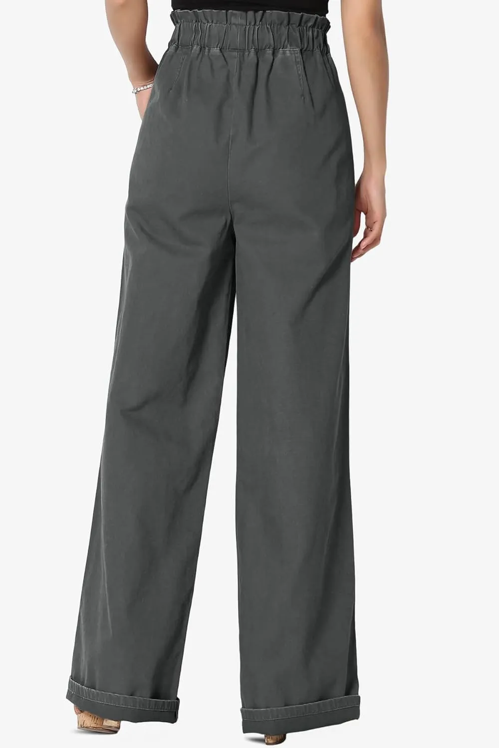 TheMogan Women's Tall S~3X Washed Canvas Twill Paperbag Elastic High Waist Wide Pants