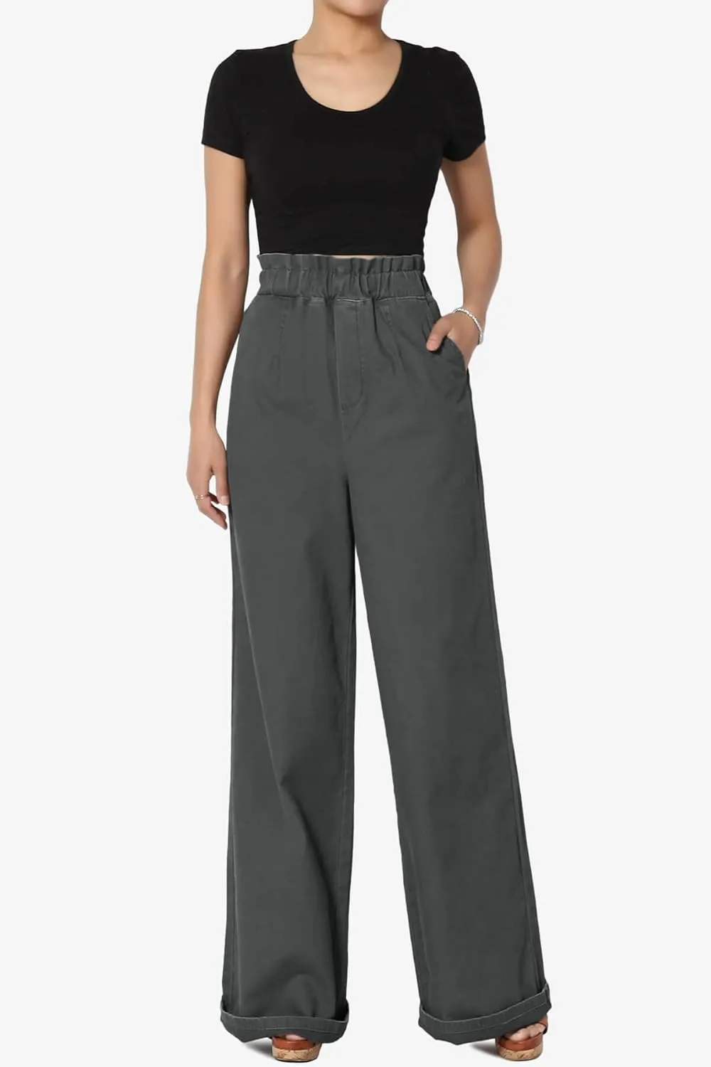 TheMogan Women's Tall S~3X Washed Canvas Twill Paperbag Elastic High Waist Wide Pants