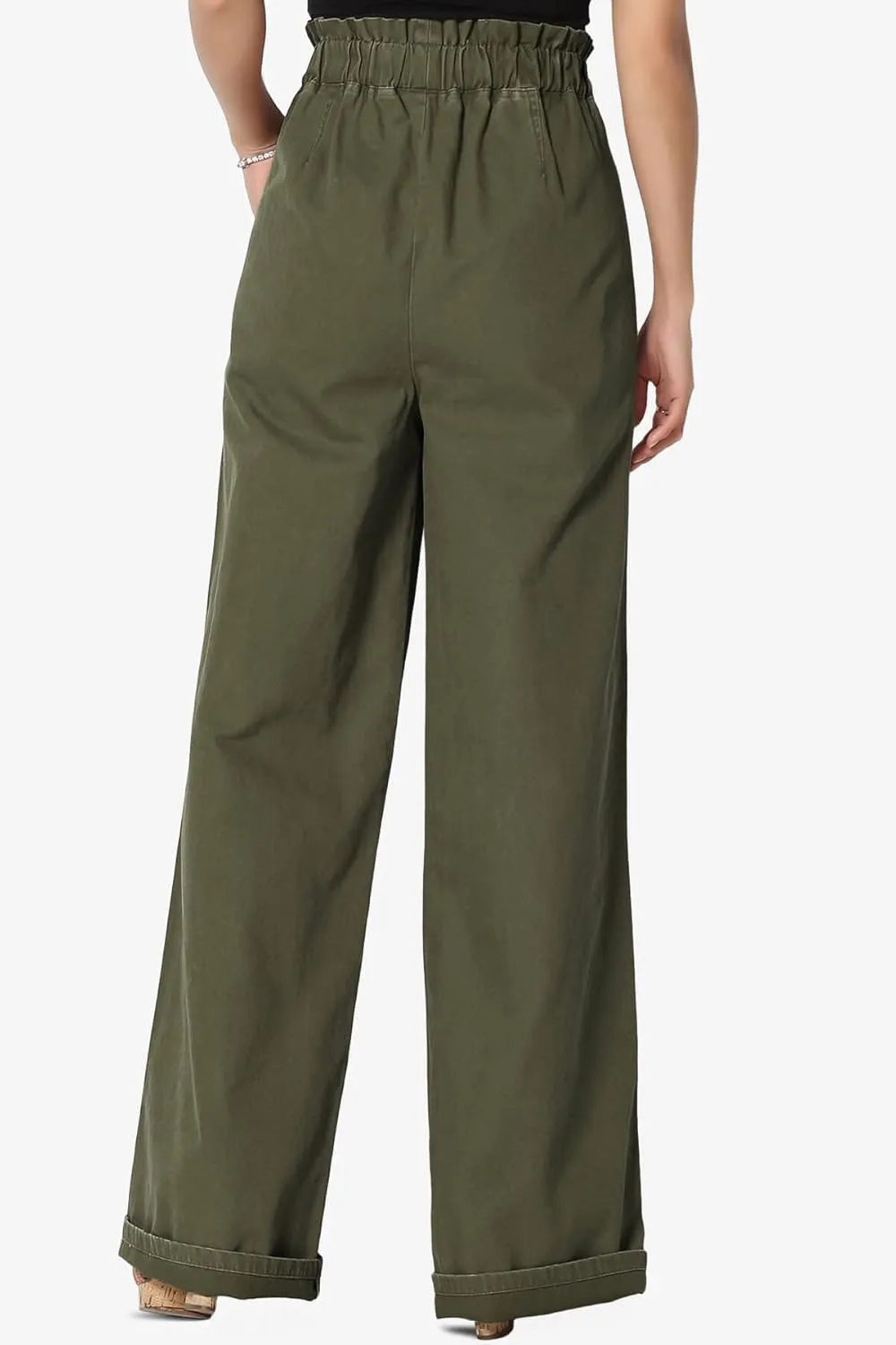 TheMogan Women's Tall S~3X Washed Canvas Twill Paperbag Elastic High Waist Wide Pants