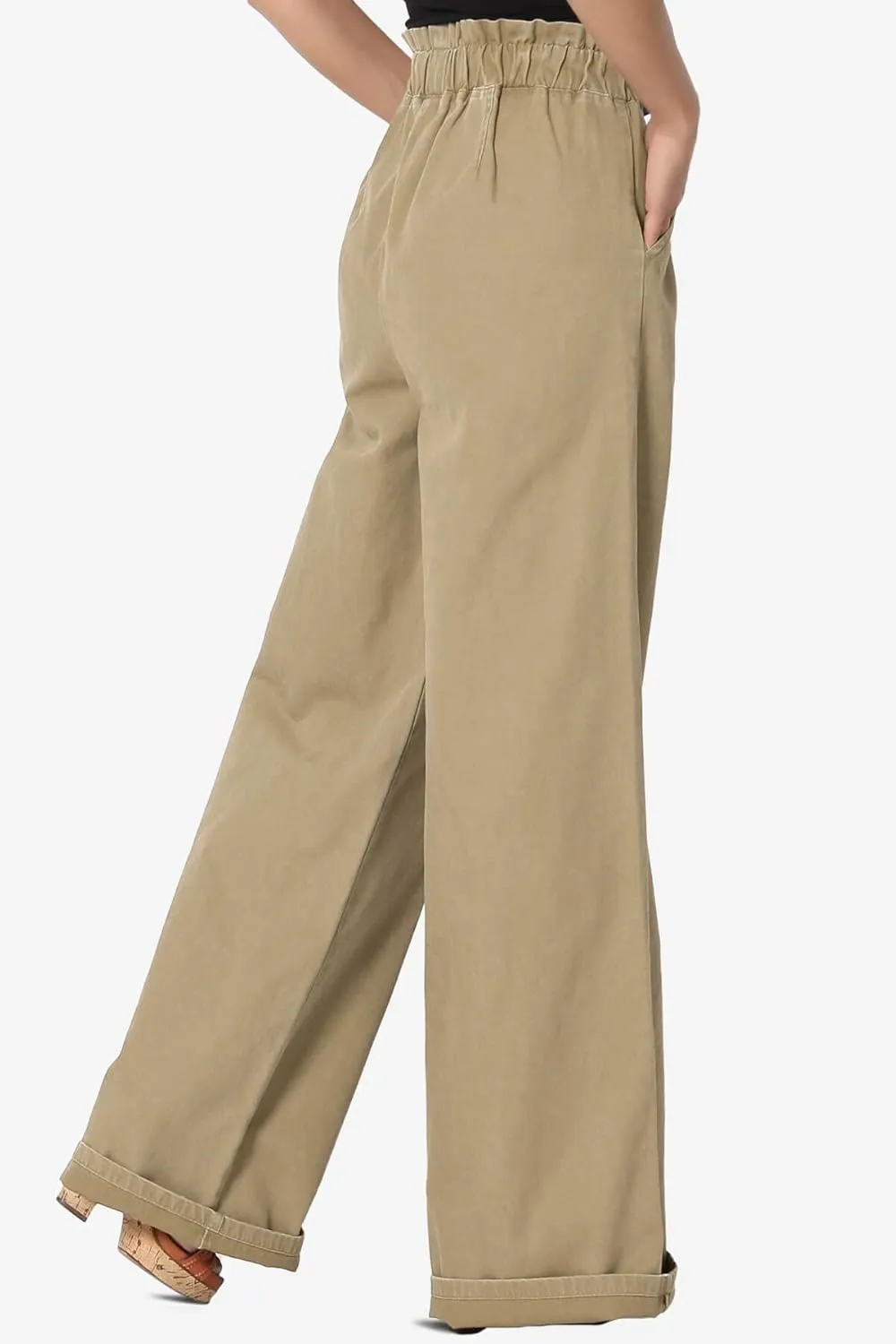 TheMogan Women's Tall S~3X Washed Canvas Twill Paperbag Elastic High Waist Wide Pants