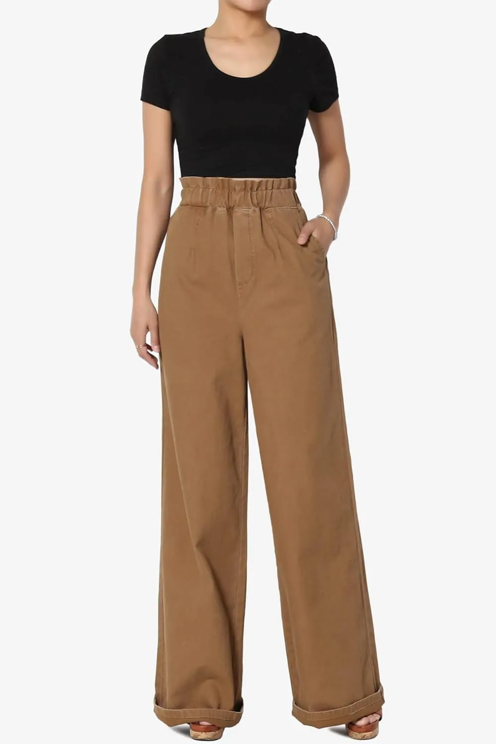 TheMogan Women's Tall S~3X Washed Canvas Twill Paperbag Elastic High Waist Wide Pants