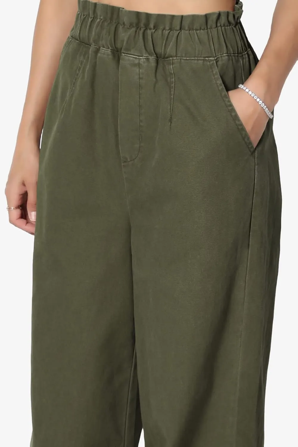TheMogan Women's Tall S~3X Washed Canvas Twill Paperbag Elastic High Waist Wide Pants