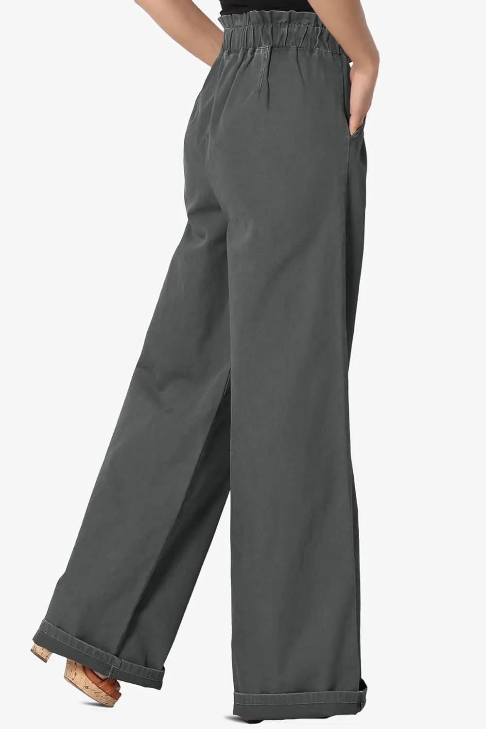 TheMogan Women's Tall S~3X Washed Canvas Twill Paperbag Elastic High Waist Wide Pants