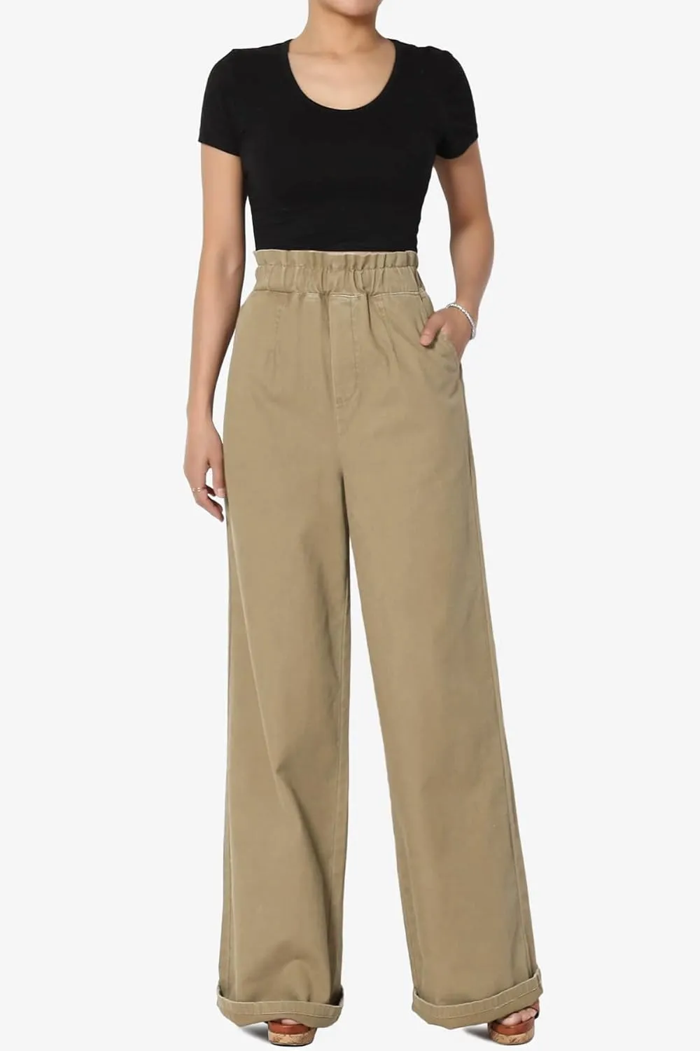 TheMogan Women's Tall S~3X Washed Canvas Twill Paperbag Elastic High Waist Wide Pants