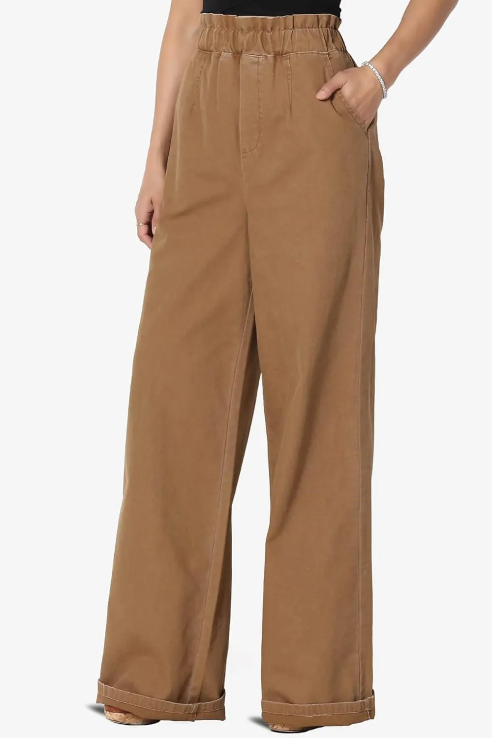 TheMogan Women's Tall S~3X Washed Canvas Twill Paperbag Elastic High Waist Wide Pants