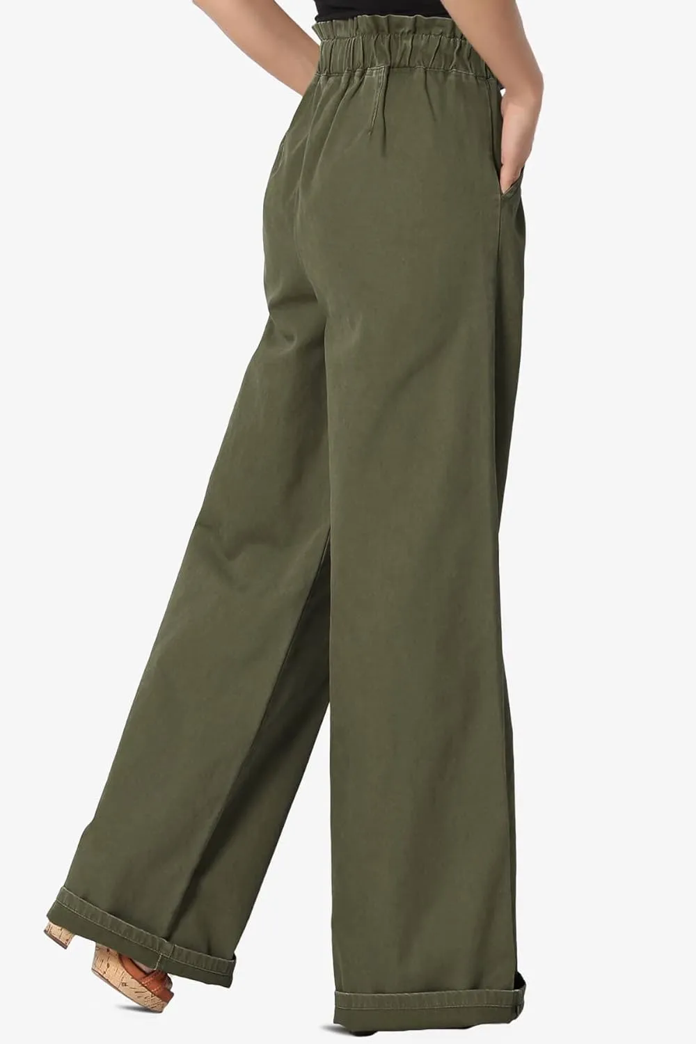 TheMogan Women's Tall S~3X Washed Canvas Twill Paperbag Elastic High Waist Wide Pants
