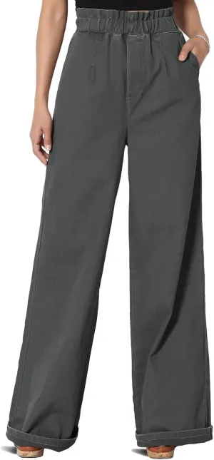 TheMogan Women's Tall S~3X Washed Canvas Twill Paperbag Elastic High Waist Wide Pants