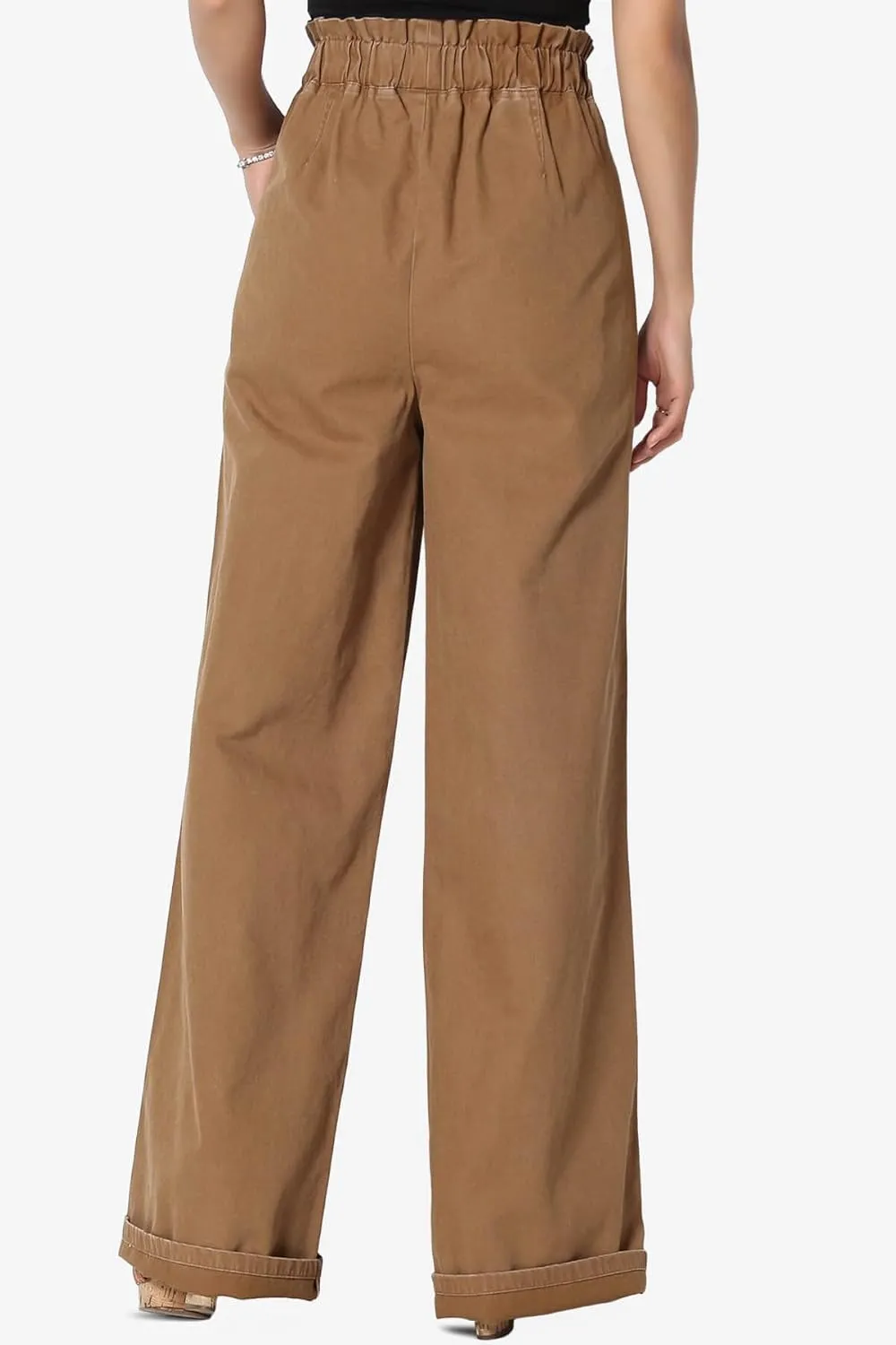 TheMogan Women's Tall S~3X Washed Canvas Twill Paperbag Elastic High Waist Wide Pants