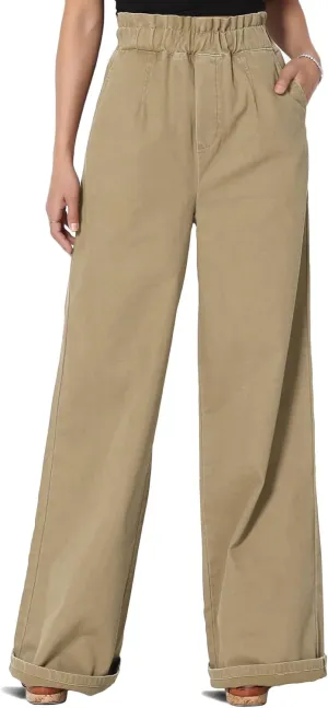 TheMogan Women's Tall S~3X Washed Canvas Twill Paperbag Elastic High Waist Wide Pants